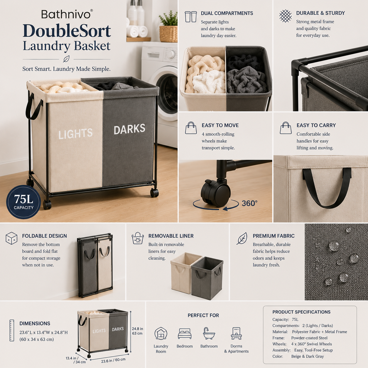Bathnivo® DoubleSort Laundry Basket