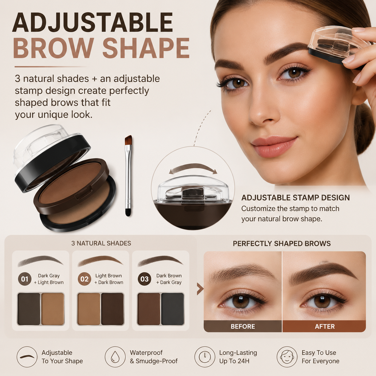 Instant Adjustable Eyebrow Stamp – Two‑color brow powder, waterproof & smudge‑proof. Natural, full brows in seconds! 💕🎀