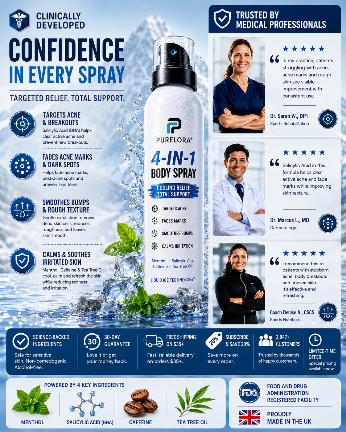 🔥 【Official Store】PURELORA® 4-in-1 Spray — Acne Clear · Fade Marks · Smooth Bumps · Exfoliating Mist | Salicylic Acid + Menthol + Caffeine + Tea Tree | Made in UK