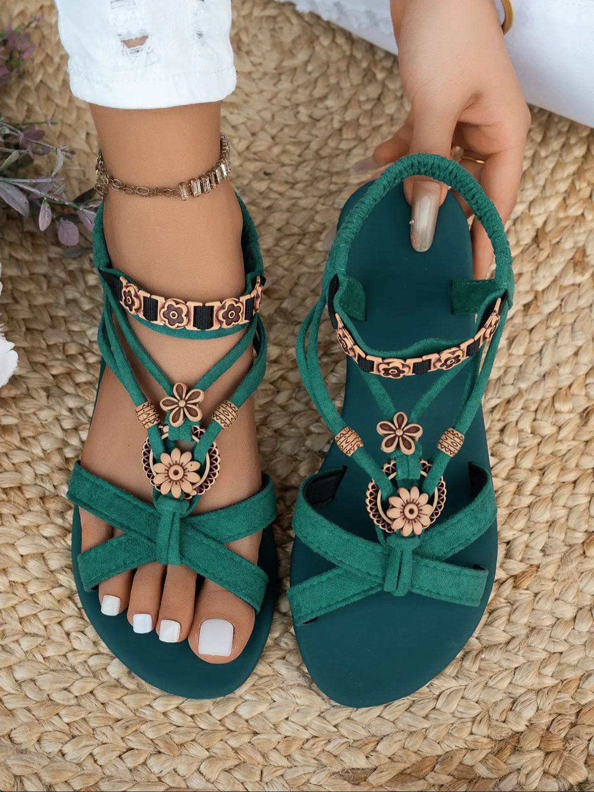🏆 2026 Best Seller - 👡 Limited Offer: 50% OFF Women's Fashionable Flower Decorated Slingback Sandals, Boho Style Flat Sandals for Beach Vacation, Casual Versatile Shoes for Women & Girls, Footwear